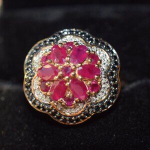 Chuck Clemency genuine ruby, diamond and sapphire, 925 with gold vermeil ring